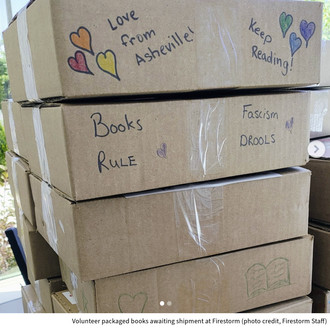 Firestorm Packaging Party, photo credit the Firestorm Staff. Caption reads 'Volunteer packaged books awaiting shipment at Firestorm' 