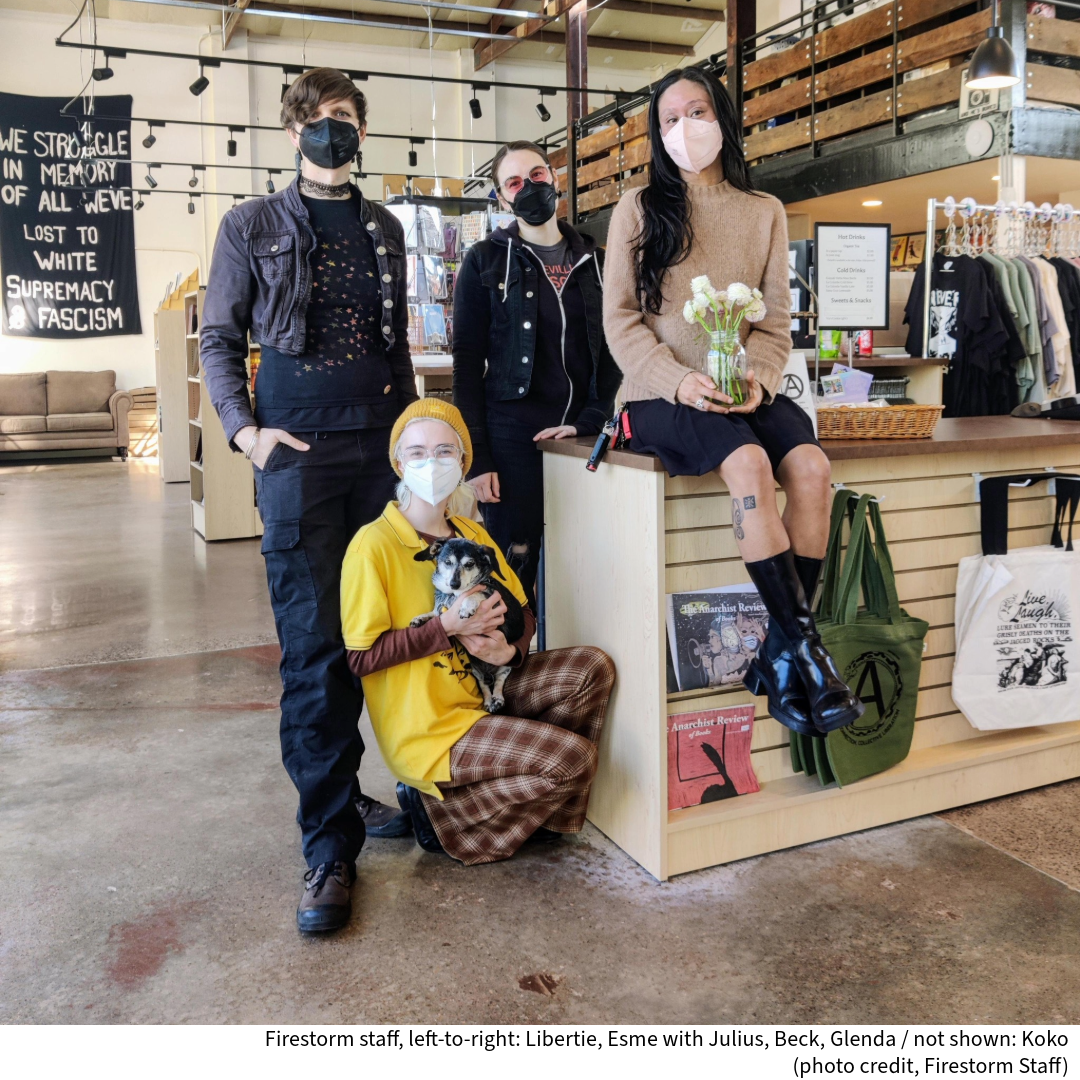 Firestorm Staff, photo credit the Firestorm Staff. Caption reads 'Firestorm staff, left-to-right: Libertie, Esme with Julius, Beck, Glenda / not shown: Koko (photo credit, Firestorm Staff)' 