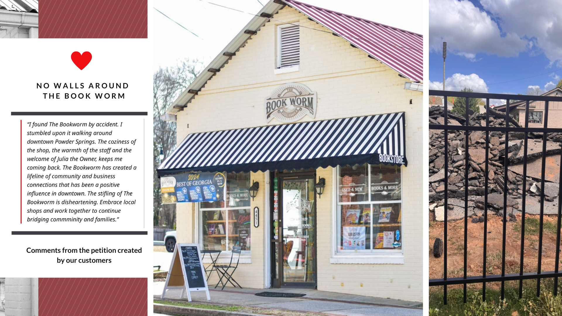 The Book Worm collage. Storefront photo by Skylar Seigle, photos on either side from The Book Worm Bookstore